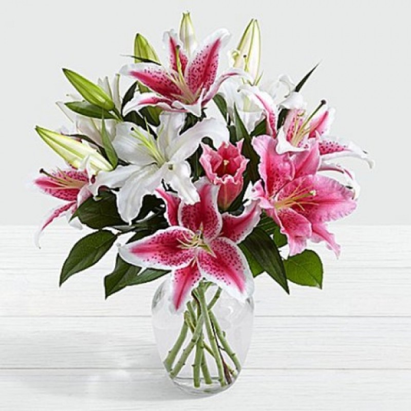 Cam Vazoda Pembe ve Beyaz Lilyumlar