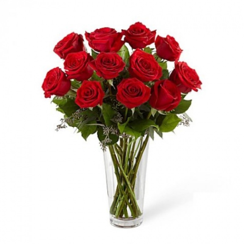 Cam Vazoda 12 Adet Kırmızı Güller