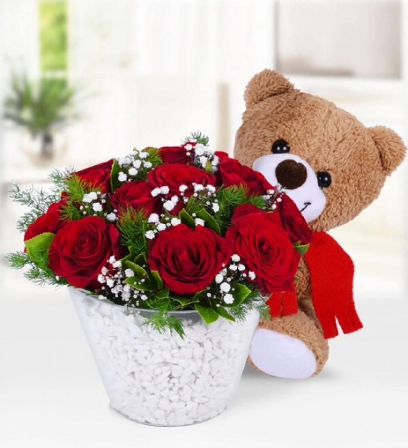 VAZO VEYA SERAMİK 15 GÜL VE SEVİMLİ AYICIK